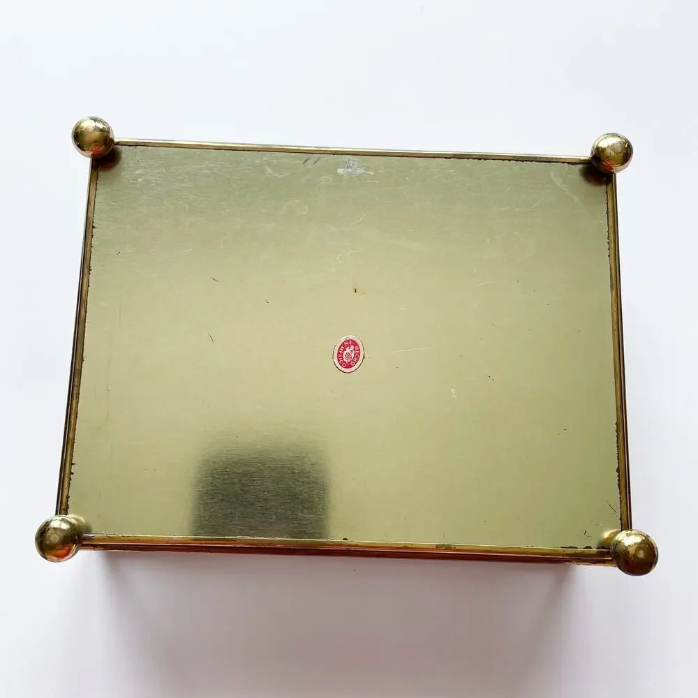 Vintage Brass Etched Glass Mirrored Footed Jewelry or Trinket Box Hinged Lid